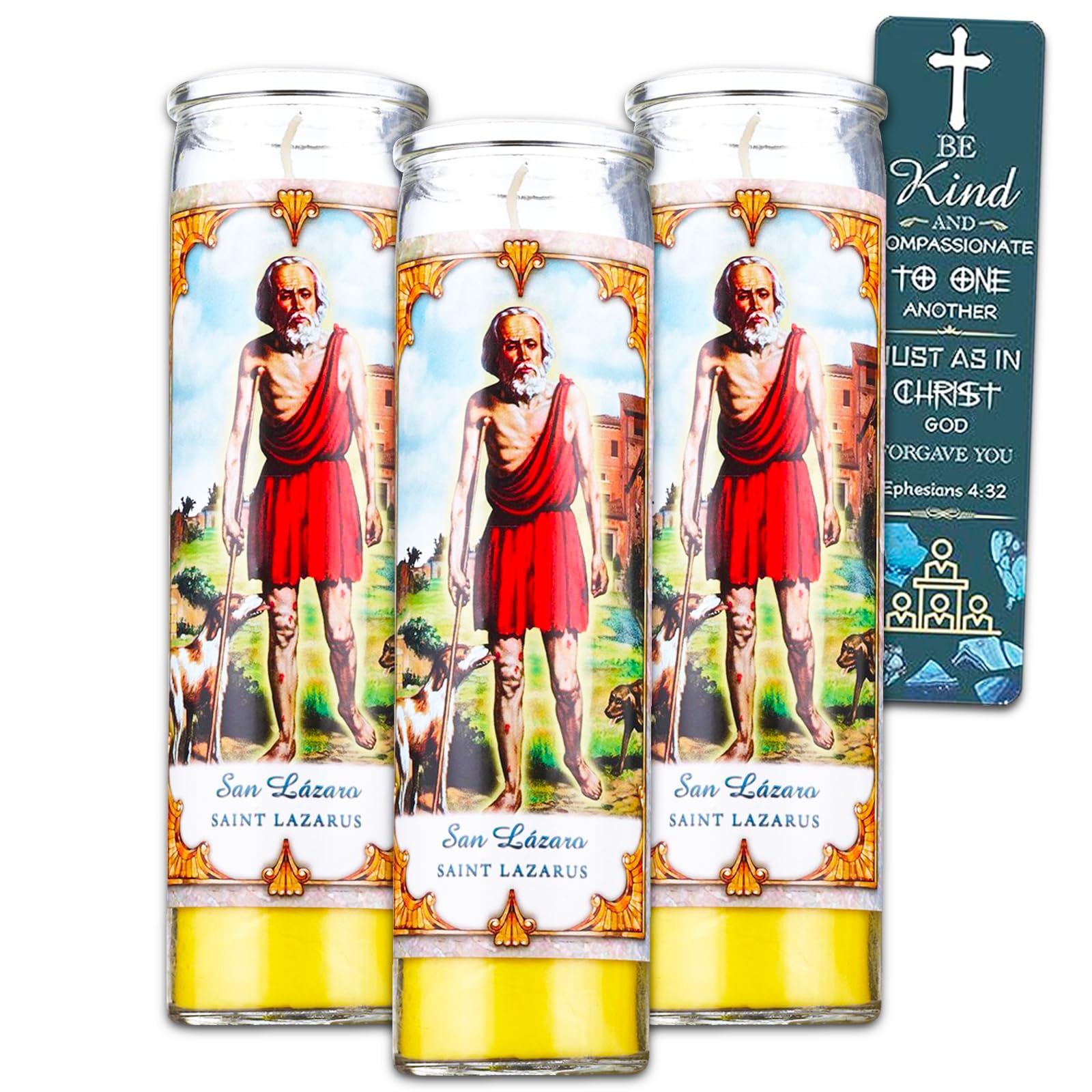 3 Pack San Lazarus 8 Inch Yellow Religious Candles - Bundle with 3 Saint Lazarus Candles for Vigils, Prayers, Blessing Ceremonies, and More Plus Bookmark | Saint Lazarus Devotional Candles