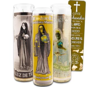 graydon hall 3 pack santa muerte 8 inch white religious candles - bundle with 3 holy death candles for vigils, prayers, blessing ceremonies, and more plus bookmark | santa muerte devotional candles