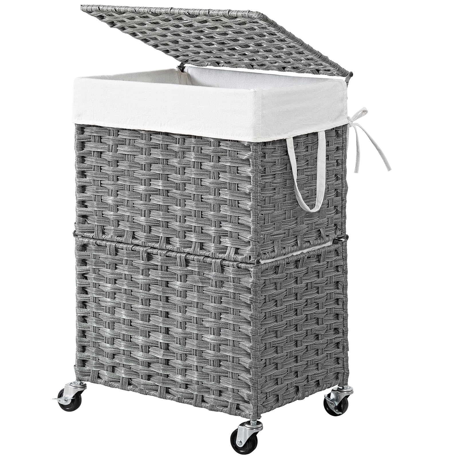 Chrislley 90L Large Laundry Hamper with Wheels,Rolling Laundry Basket with Lid and Renovable Liner Bag,Handwoven Rattan Organizer for bedroom, bathroom, laundry room (Grey)