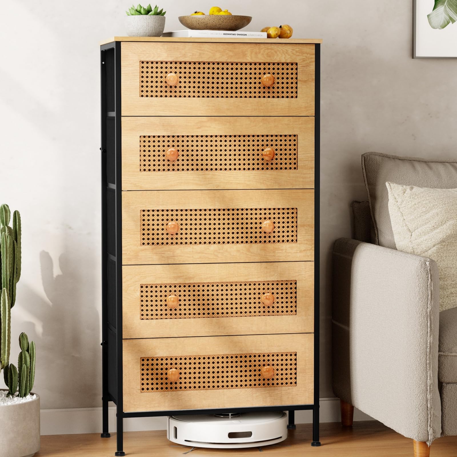 Crestlive Products Rattan Dresser Storage Tower, Tall Fabric Dresser, Chests of Drawers, Wood Top &Wood Handles - Organizer Unit for Bedroom, Hallway, Entryway, Closets - 5 Drawers (Natural)