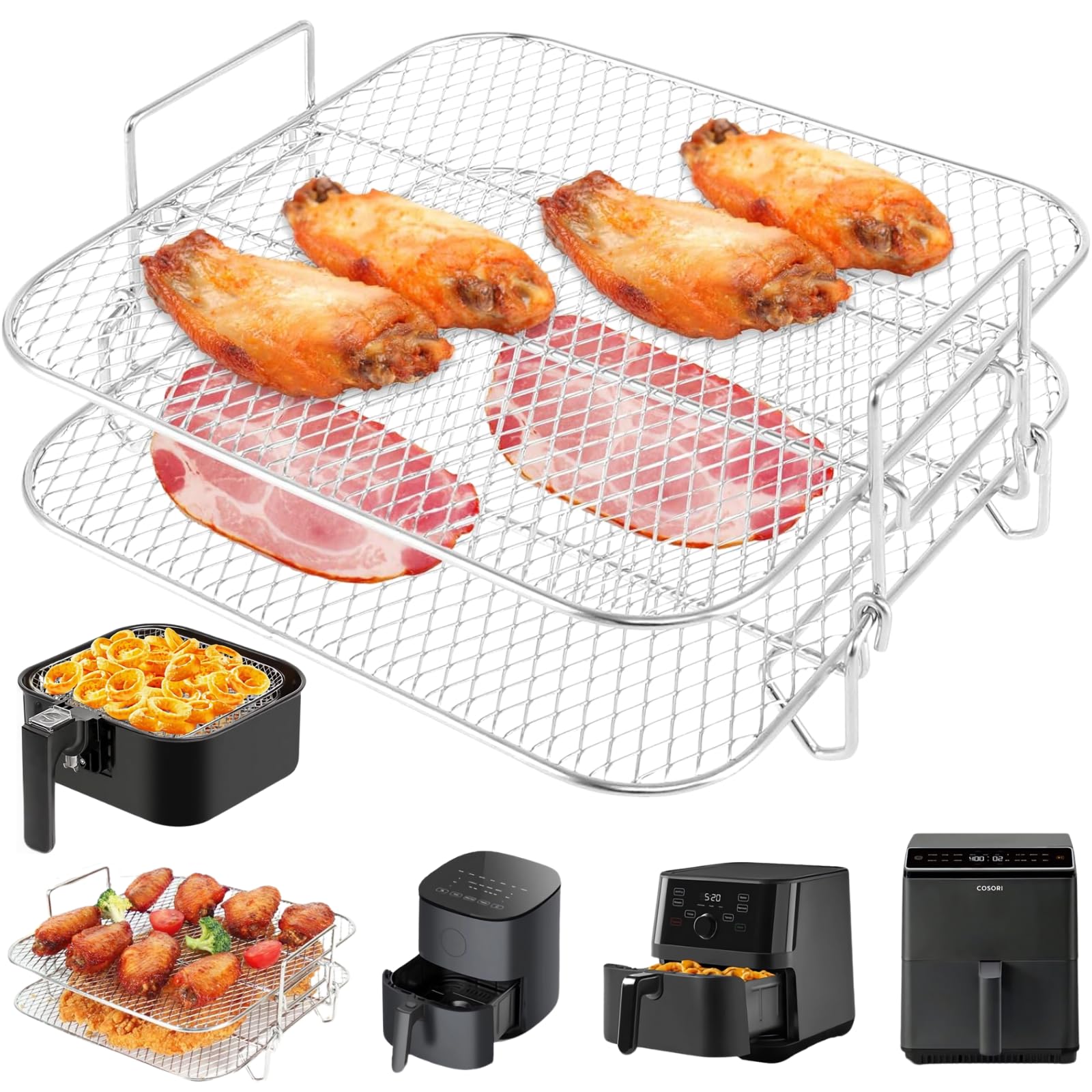 8 inch Square Air Fryer Rack, Lancisism 2 Layers Stainless Steel Dehydrator Rack Grill Square Air Fryer Accessories-8.27×8.27×3.6inch