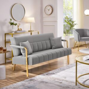 Yaheetech 56.5" W Modern Loveseat 2 Seater Sofa Luxurious Velvet Fabric Couch with Gold-Tone Metal Arms and Legs for Living Room, Home Office, Studio Light Gray