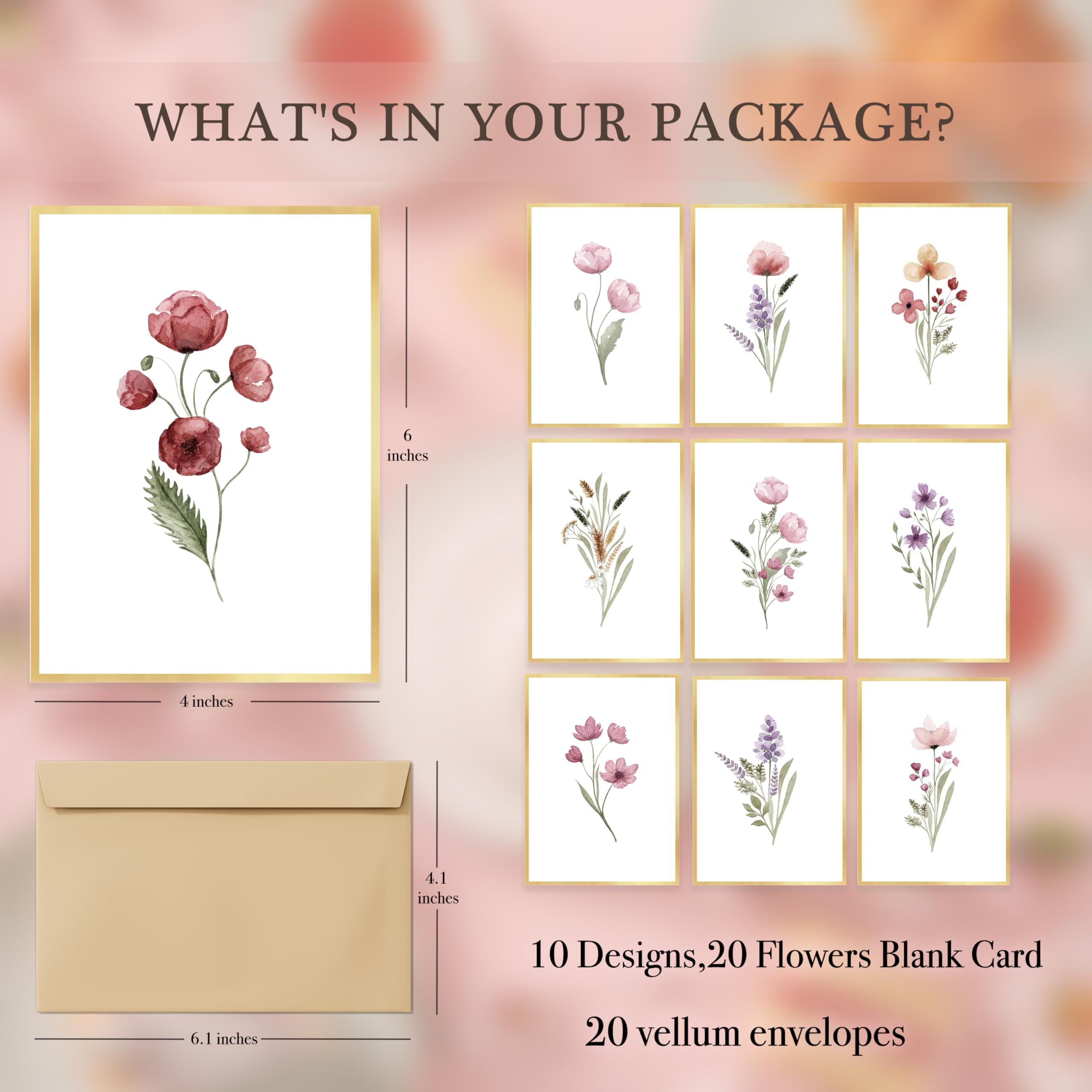 slapaflife Blank Cards,Elegant Gold Foil Floral Design Blank Greeting Cards 4x6,20Pack -Blank Greeting Cards,Formal All Occasion Cards,Note Cards with Matching Peel-and-Seal Rustic Envelopes