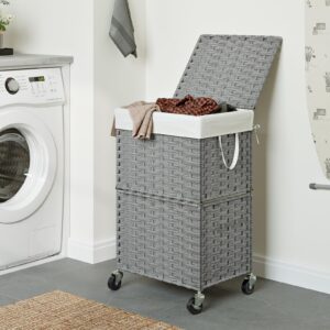 Chrislley 90L Large Laundry Hamper with Wheels,Rolling Laundry Basket with Lid and Renovable Liner Bag,Handwoven Rattan Organizer for bedroom, bathroom, laundry room (Grey)