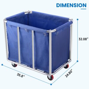 Laundry Cart with Wheels, 400L Capacity Commercial Laundry Sorter Rolling Laundry Hamper with Removable Oxford Bag and Sturdy Steel Frame, 330 lbs Load, Blue