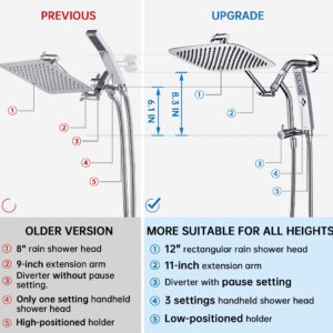 G-Promise All Metal 12 Inch Shower Head with Massage Mode Handheld, Rain Shower Head with Handheld Spray Combo, 3-Way Diverter with Pause Setting, 11 Inch Adjustable Extension Arm (Chrome)