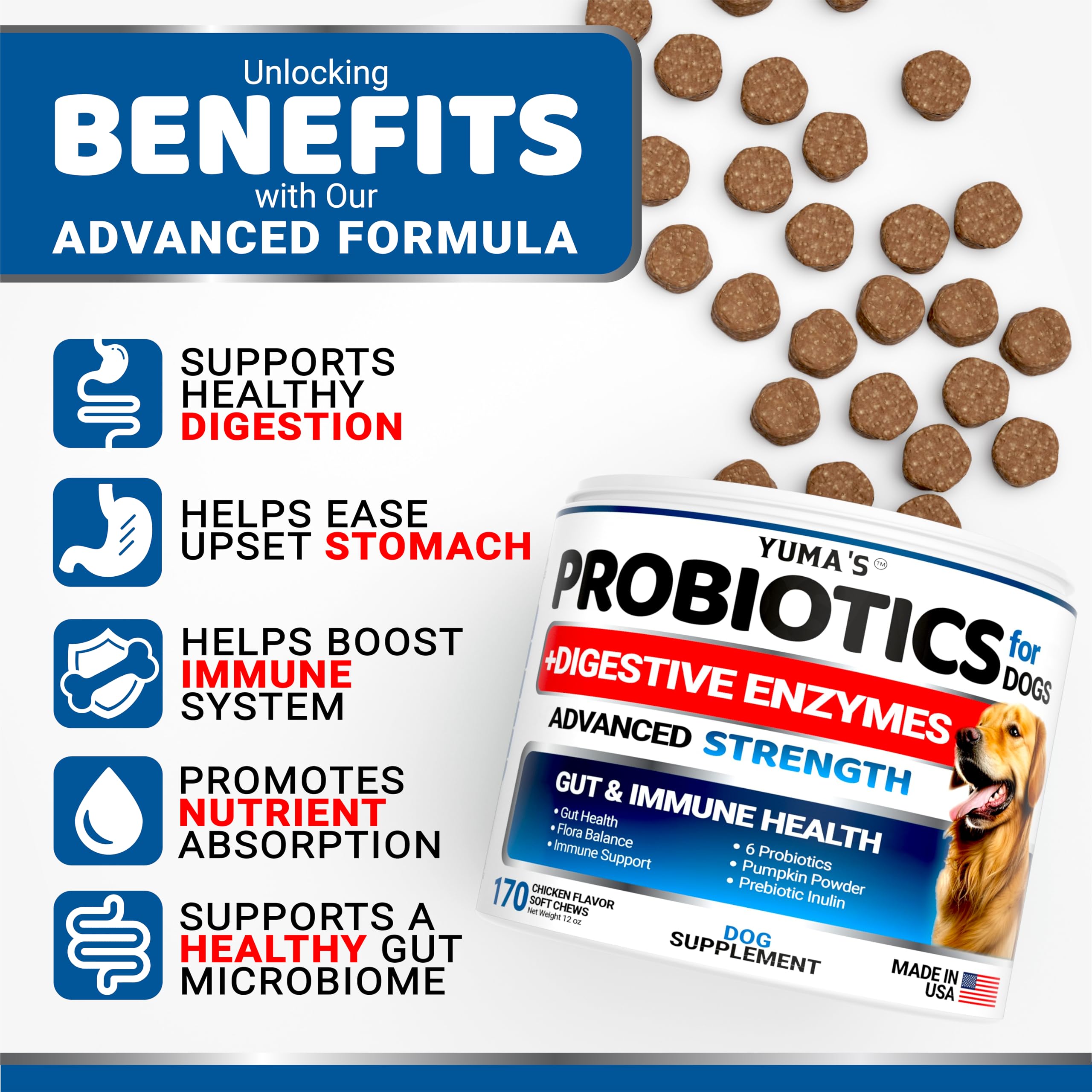 Probiotics for Dogs and Digestive Enzymes - 170 Dog Probiotics Chews - Dog Probiotic - Anti Diarrhea, Upset Stomach & Gas Relief, Constipation, Canine Prebiotic - Pet Fiber Supplement - Gut Health