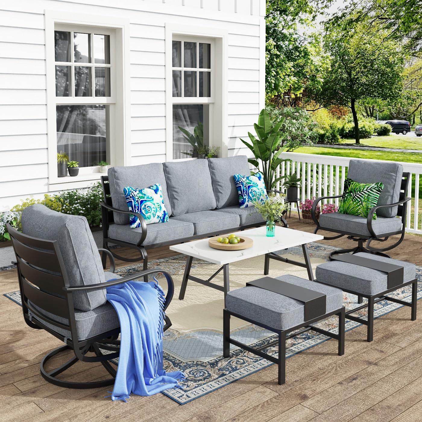 MFSTUDIO 6 Pieces Patio Conversation Sets(7 Seat),Outdoor Metal Furniture Sofas with 1 x 3-Seat Sofa,2 Swivel Chairs,2 Ottoman and & 1 Coffee Table,Wrought Iron Frame with Grey Cushion