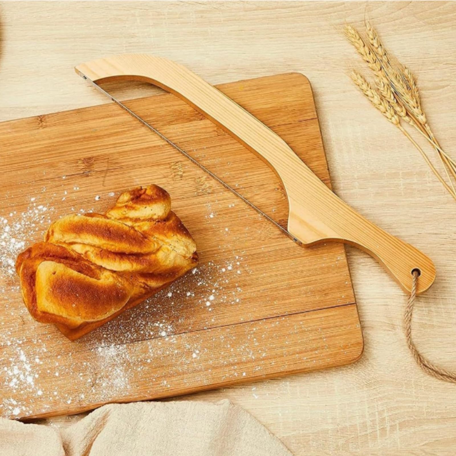 Goaste Bamboo Bread Bow Knife, 15.7" Serrated Bread Slicer, Stainless Steel Sourdough Bread Cutter with Fiddle Bow Design for Bagels, Baguettes and More