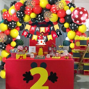 Cartoon Mouse Balloon Garland for Mouse Birthday Decorations - Mouse Balloons Arch with Confetti Polka Dots Balloons Red Black Yellow Balloon Arch Kit & Banners for Mouse Baby Shower Party Supplies