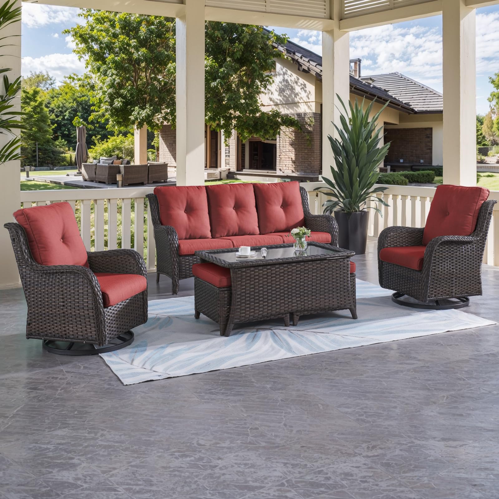 HUMMUH Patio Furniture 6 Pieces Outdoor Furniture Set PE Wicker Sofa with Swivel Rocking Chairs,Ottomans,Coffee Table