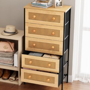 Crestlive Products Rattan Dresser Storage Tower, Tall Fabric Dresser, Chests of Drawers, Wood Top &Wood Handles - Organizer Unit for Bedroom, Hallway, Entryway, Closets - 5 Drawers (Natural)