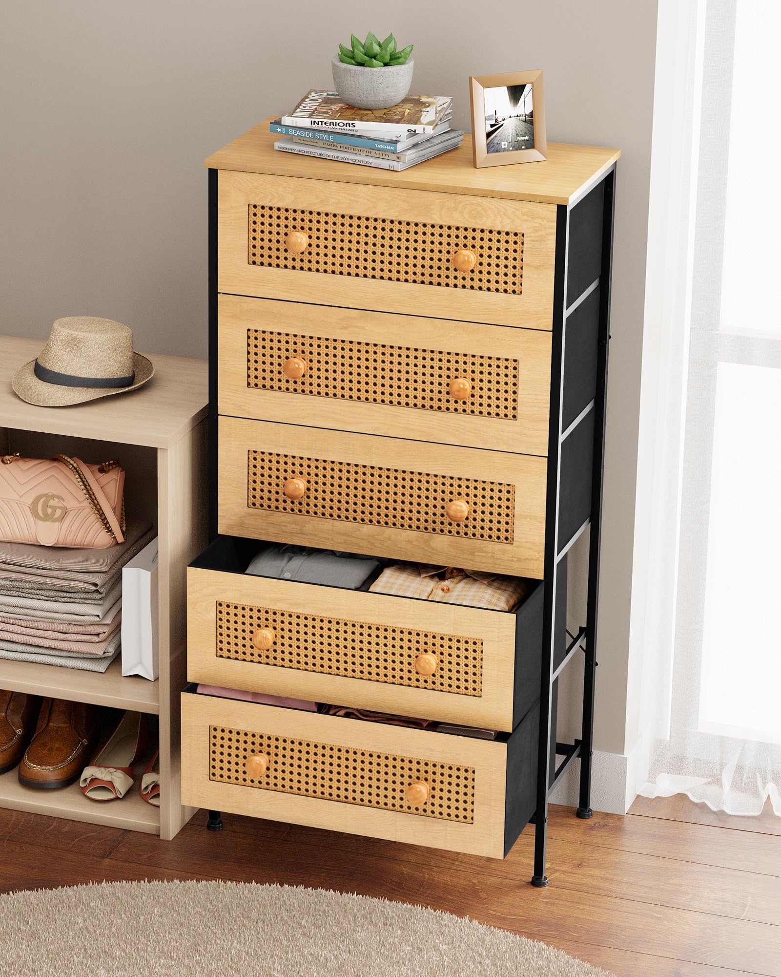 Crestlive Products Rattan Dresser Storage Tower, Tall Fabric Dresser, Chests of Drawers, Wood Top &Wood Handles - Organizer Unit for Bedroom, Hallway, Entryway, Closets - 5 Drawers (Natural)