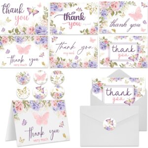 60 pieces butterfly floral baby shower thank you cards,purple thank you cards includes 30 pieces envelopes and 30 pieces blank butterfly cards with stickers for wedding baby shower graduation bridal