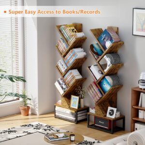 EasyCom Tree Bookshelf Metal Base, 7 Tier Bookcase Storage, Floor Standing Bookshelf Organizer for Movies/CDs/Books, Wood Book Storage Rack for Bedroom/Living Room/Home Office (Brown)