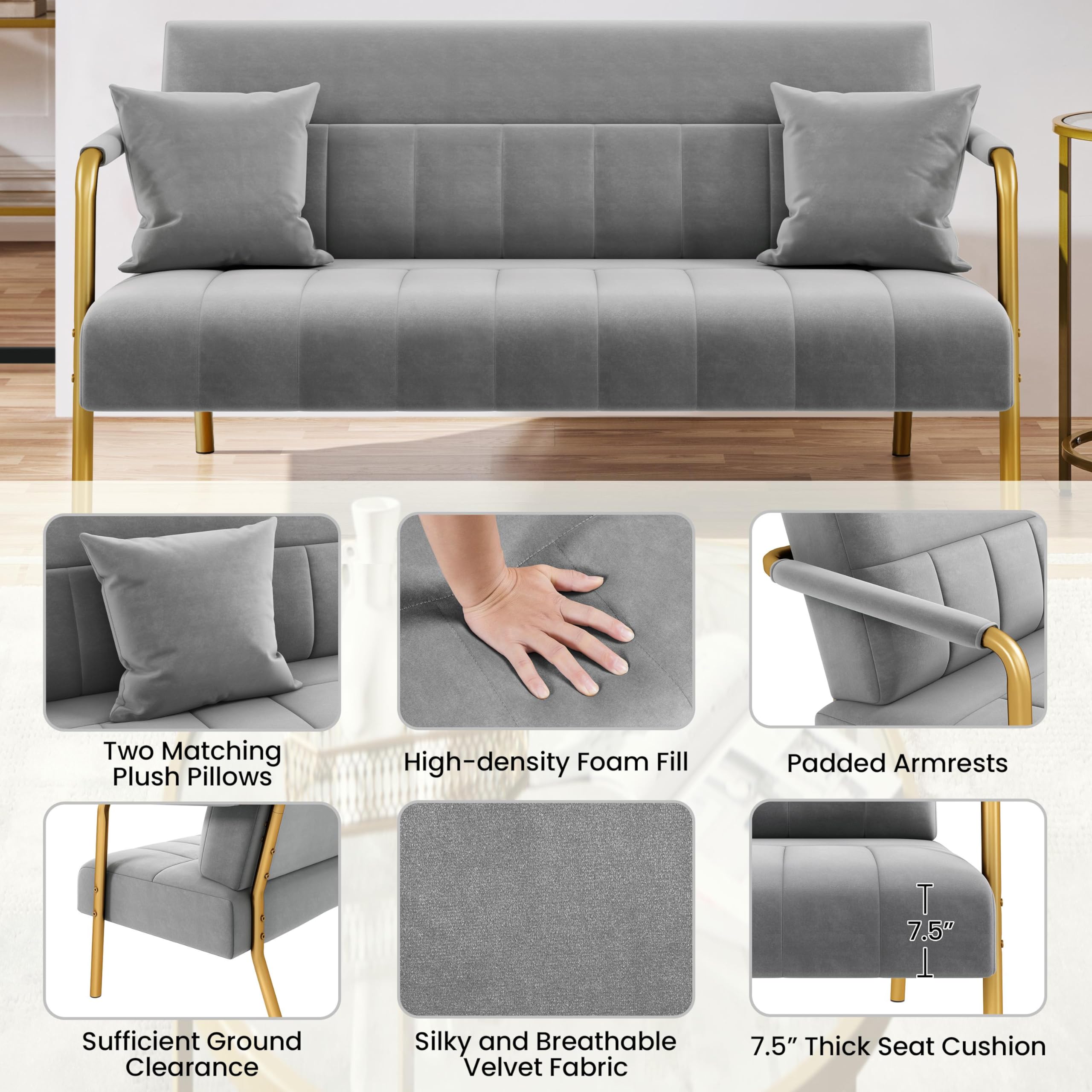 Yaheetech 56.5" W Modern Loveseat 2 Seater Sofa Luxurious Velvet Fabric Couch with Gold-Tone Metal Arms and Legs for Living Room, Home Office, Studio Light Gray