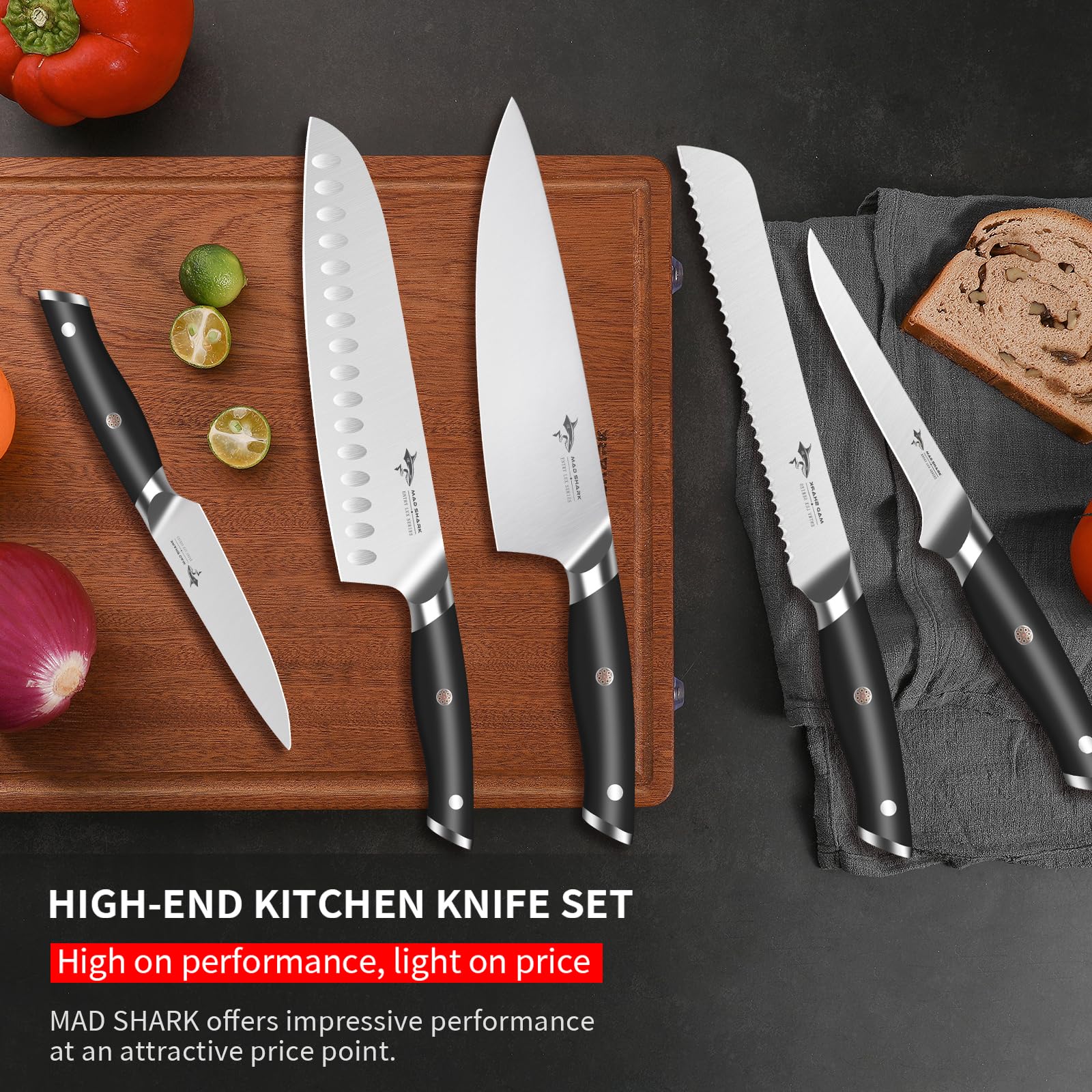 MAD SHARK Knife Set, Professional 5 Piece Kitchen Chef Knife Set, German High Carbon Stainless Steel Ultra Sharp Knives Sets, Ergonomic Handle 2.0 Home Cooking Perfect Cutlery Set Gift