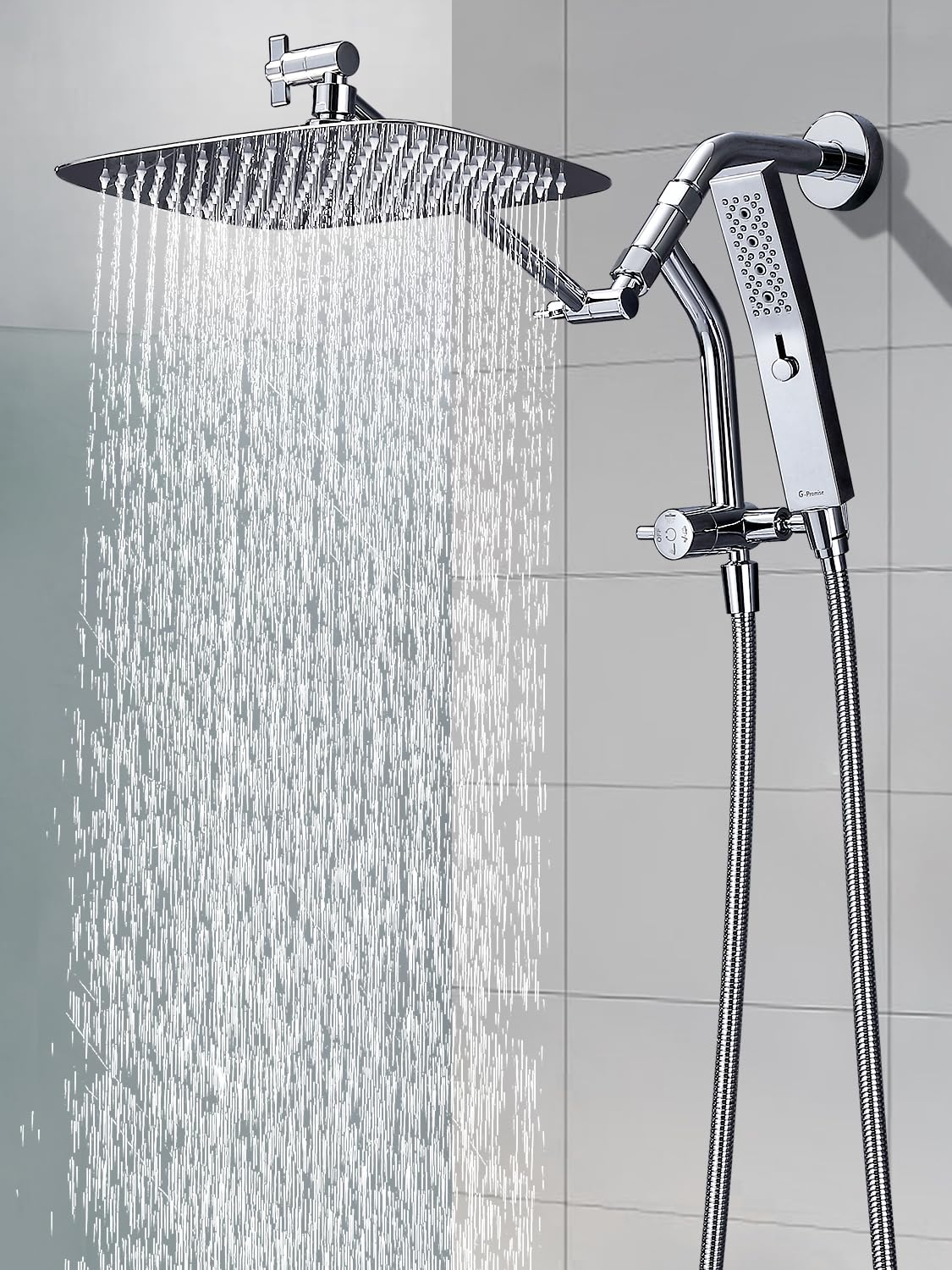 G-Promise All Metal 12 Inch Shower Head with Massage Mode Handheld, Rain Shower Head with Handheld Spray Combo, 3-Way Diverter with Pause Setting, 11 Inch Adjustable Extension Arm (Chrome)