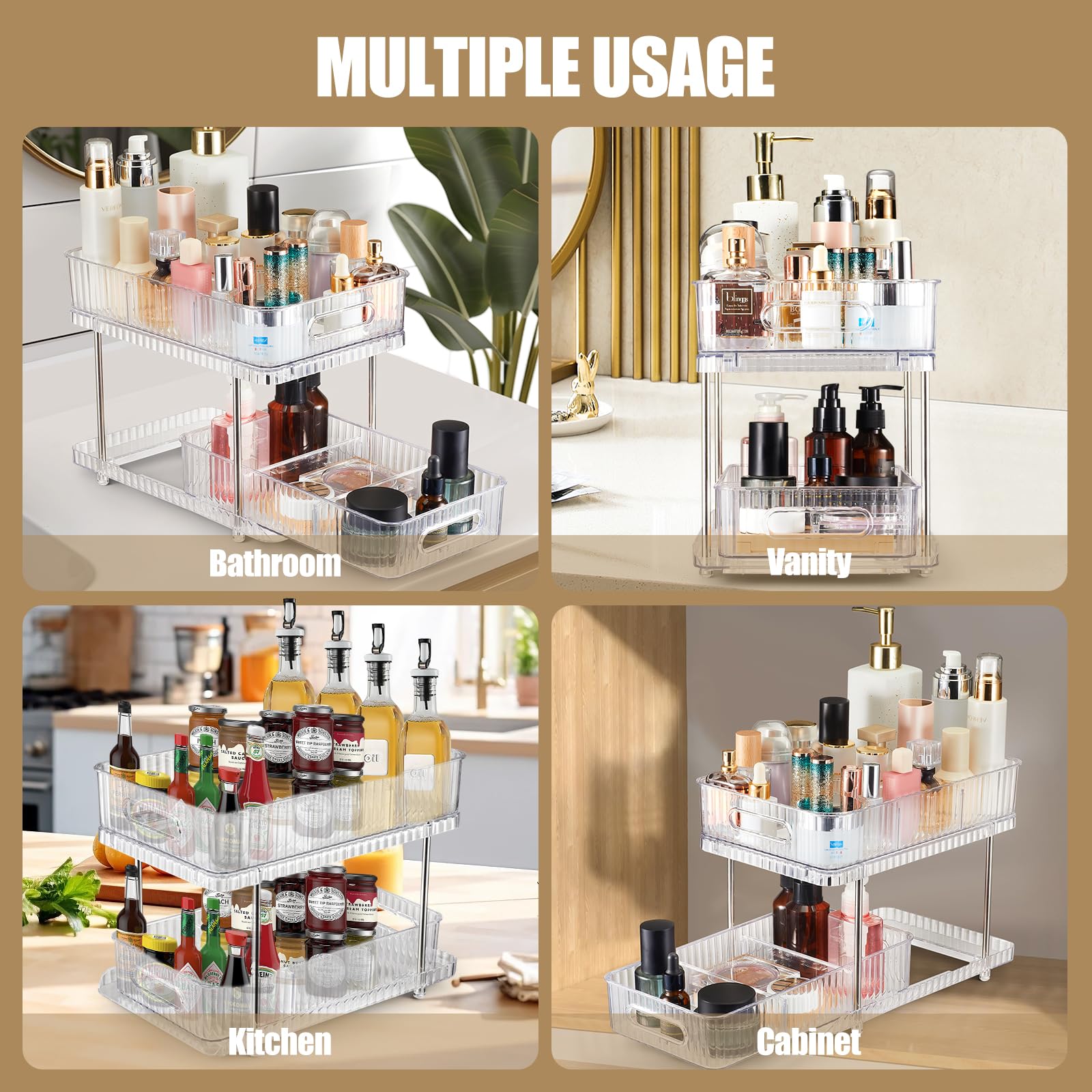 Flytreal 2 Tier Vanity Makeup Perfume Organizer Tray, Bathroom Counter Organizers and Storage, Clear Skincare Cosmetic Holder, Multi-Purpose Under Kitchen Sink Medicine Cabinet Pull Out Organizer