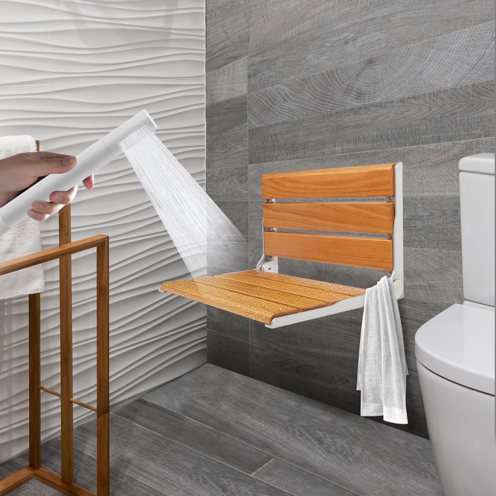 Wall Mounted Folding Shower Seat,Solid Wooden Folding Shower Chair,Support 400lbs,Wall Mounted Fold up Shower Chair,Wall-Mounted Fold Up Bathroom Shower Seats and Benches Visit The FinityPro Store