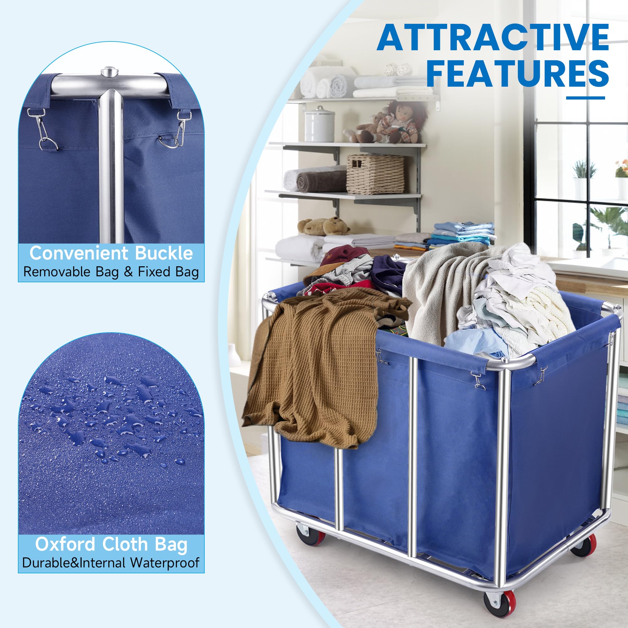 Laundry Cart with Wheels, 400L Capacity Commercial Laundry Sorter Rolling Laundry Hamper with Removable Oxford Bag and Sturdy Steel Frame, 330 lbs Load, Blue