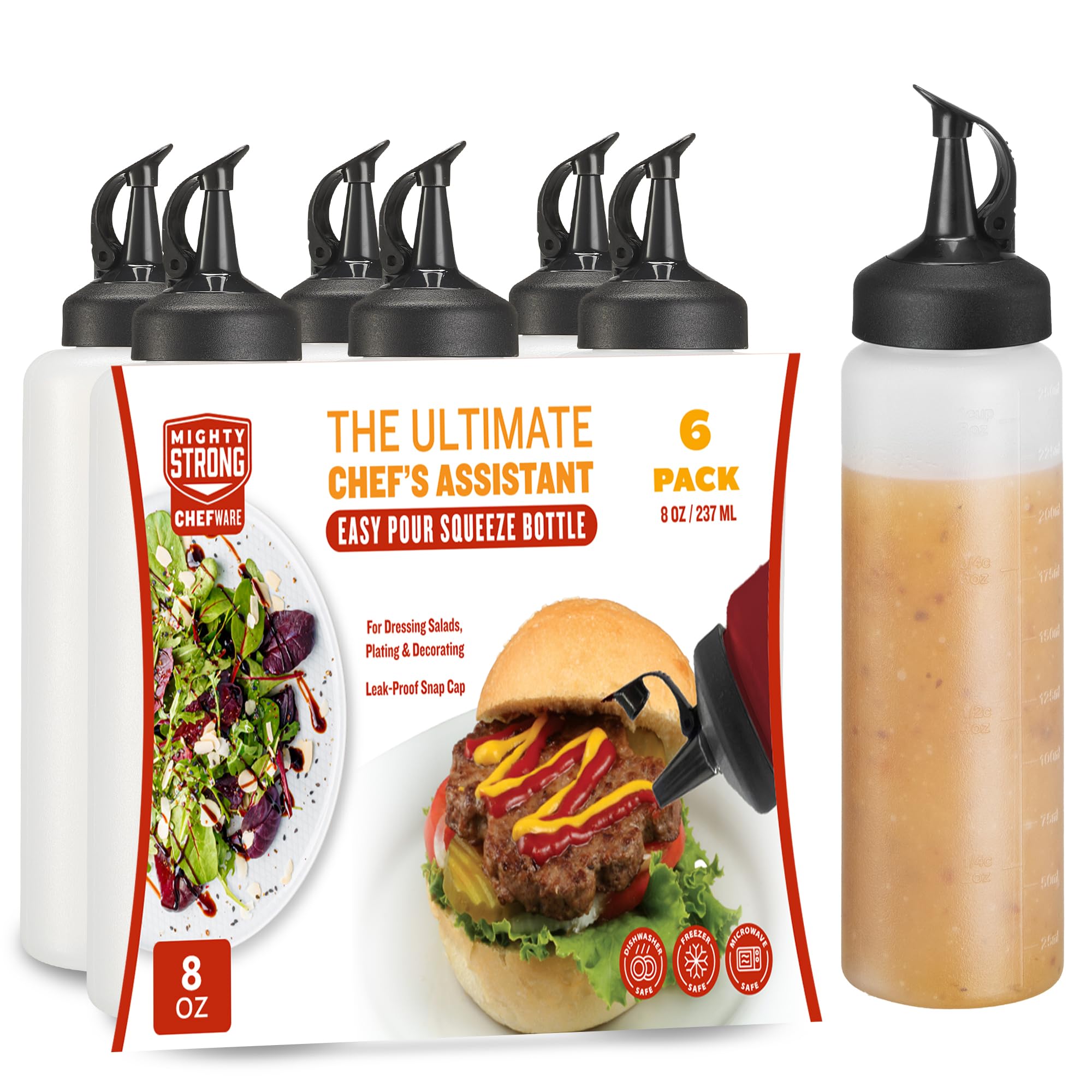 6 Pack Condiment Squeeze Bottles for Sauces - 8 Oz Squirt Bottles for Liquids, Easy Pour Sauce Bottles with Leak Proof Snap Cap, Condiment Bottles, Plastic Squeeze Bottles for Liquids, Ketchup, Oil