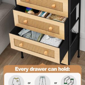 Crestlive Products Rattan Dresser Storage Tower, Tall Fabric Dresser, Chests of Drawers, Wood Top &Wood Handles - Organizer Unit for Bedroom, Hallway, Entryway, Closets - 5 Drawers (Natural)