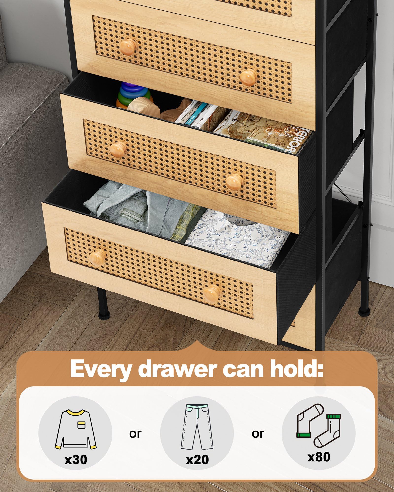 Crestlive Products Rattan Dresser Storage Tower, Tall Fabric Dresser, Chests of Drawers, Wood Top &Wood Handles - Organizer Unit for Bedroom, Hallway, Entryway, Closets - 5 Drawers (Natural)