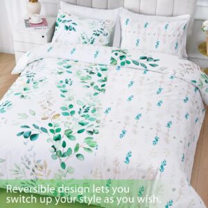 Likiyol Duvet Cover Queen Size- Green Eucalyptus Leaves Plant Bedding Sets with Zipper Closure & Corner Ties, Soft Breathable Microfiber Comforter Cover 3Pcs(1 Duvet Cover 90''x90''+2 Pillowcases)