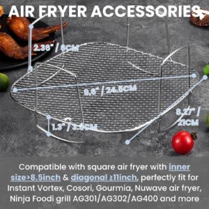 8 inch Square Air Fryer Rack with Food Tong & Oil Brush, Lancisism Stainless Steel Dehydrator Rack Square Air Fryer Accessories for Air Fryers-8.27×8.27×3.6inch