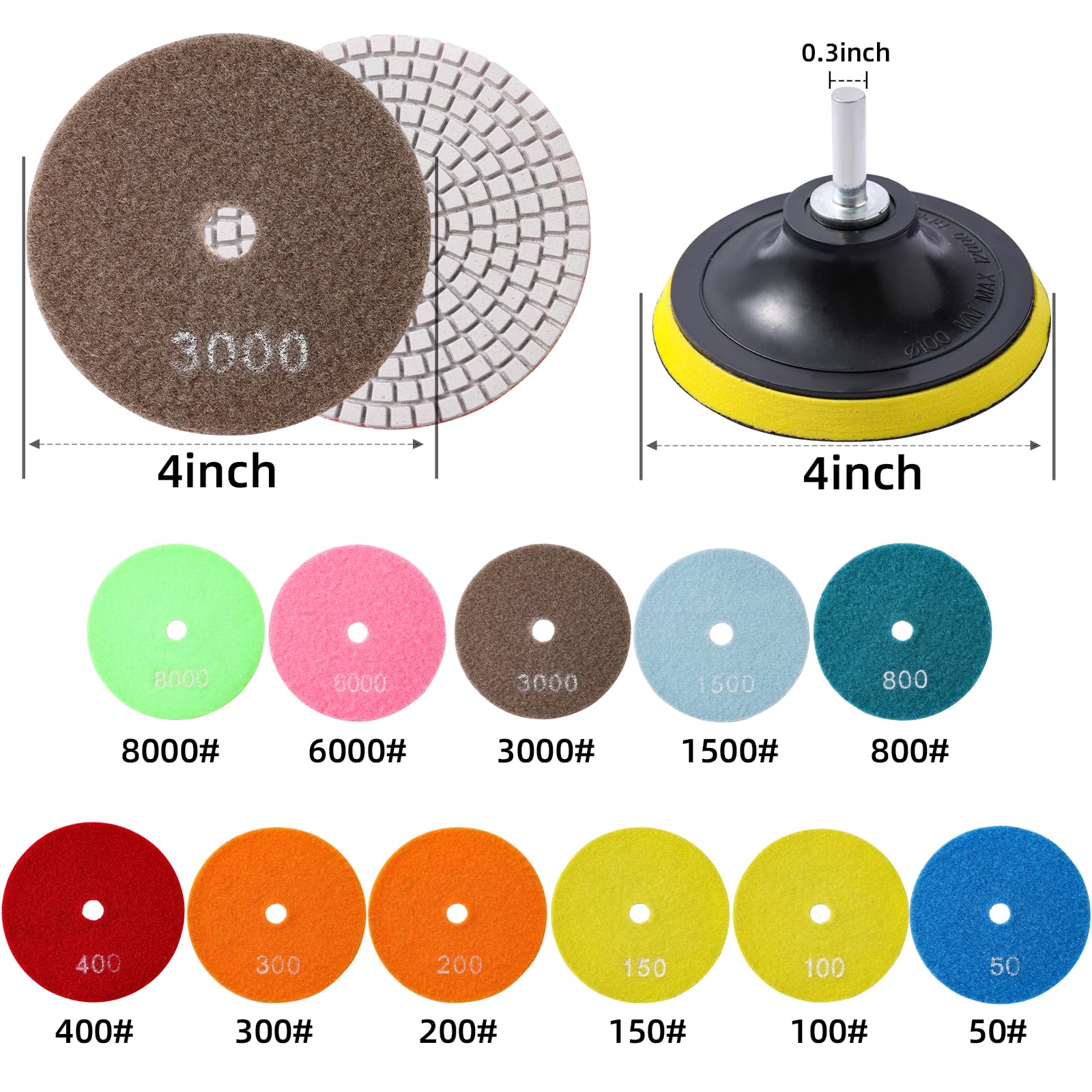 XKDOUS 13pcs Diamond Polishing Pads Set,50-8000 Grit Pads,Wet/Dry Granite Polish Kit with Backer Pad for Drill Grinder Rock Polisher Granite Marble Stone Concrete Tile Tools