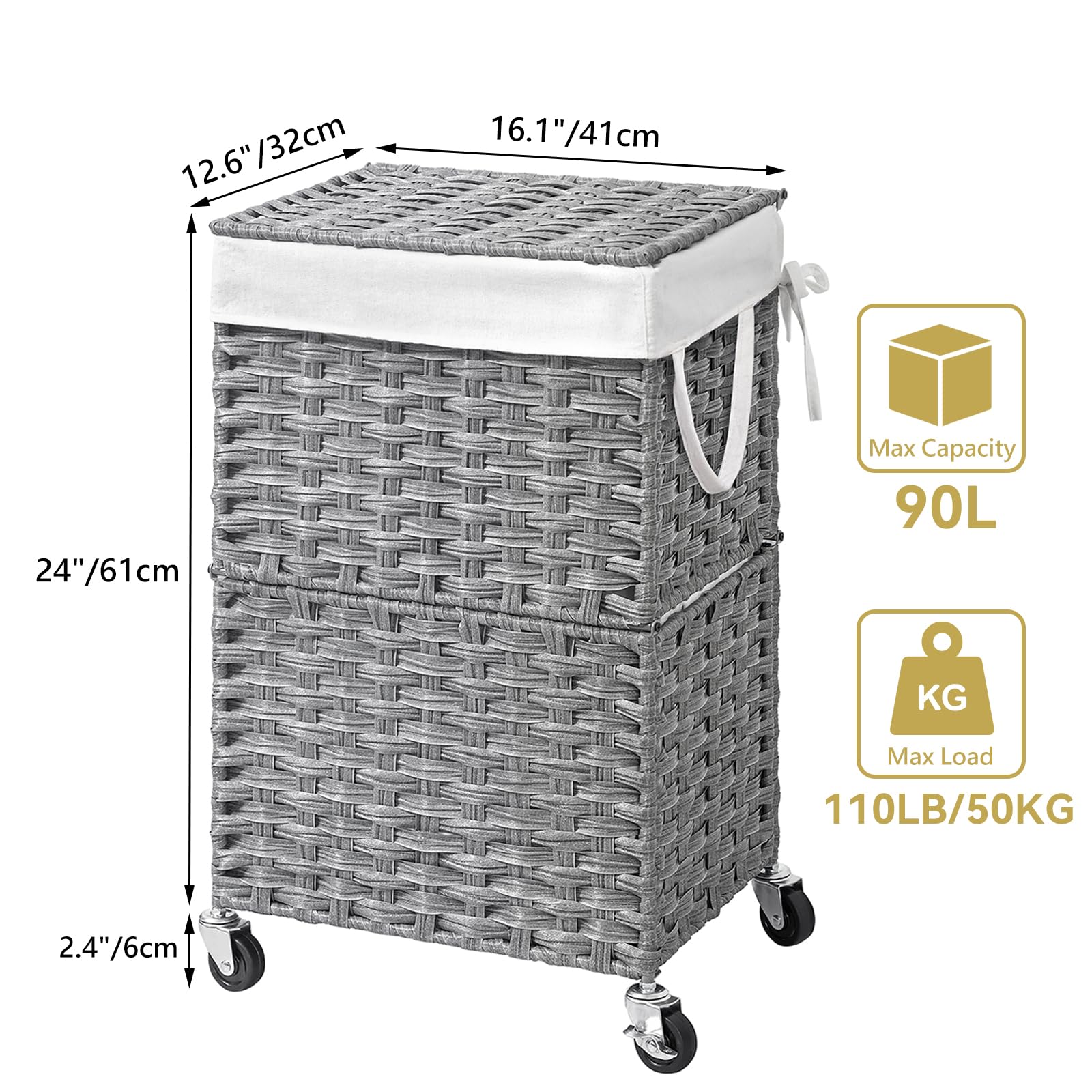 Chrislley 90L Large Laundry Hamper with Wheels,Rolling Laundry Basket with Lid and Renovable Liner Bag,Handwoven Rattan Organizer for bedroom, bathroom, laundry room (Grey)