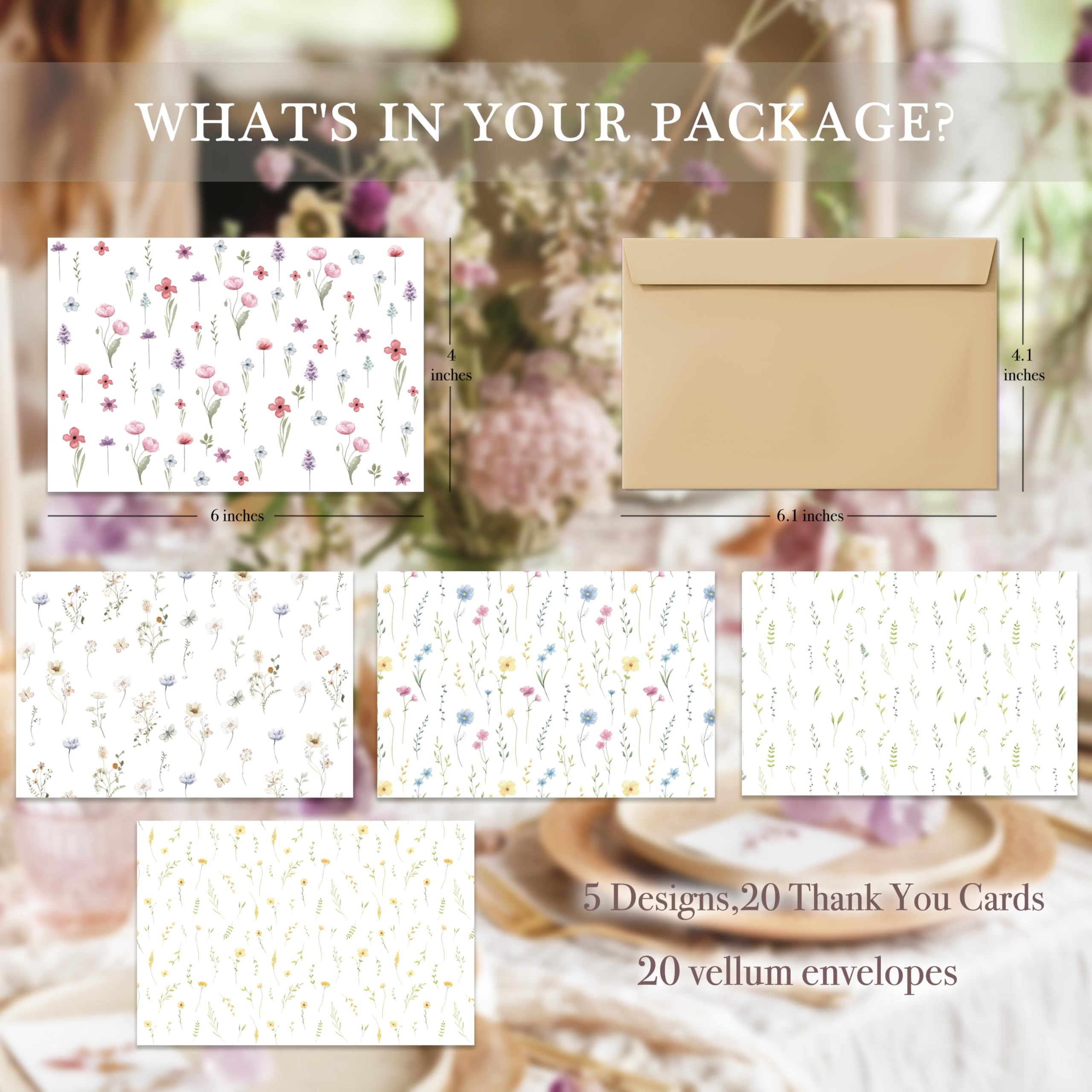 slapaflife Blank Cards with Envelopes All Occasion,Elegant Floral Design Blank Greeting Cards 4x6,20Pack -Blank Greeting Cards,Note Cards with Matching Peel-and-Seal Rustic Envelopes