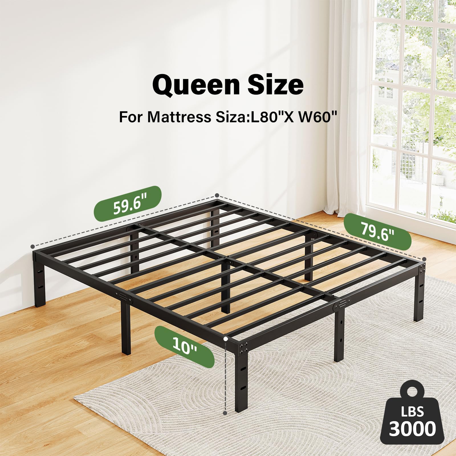 10 Inch Queen Bed Frame No Box Spring Needed, Metal Platform Bed Frame Queen Size, Easy Assembly Heavy Duty Noise Free, Black