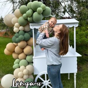 Sage Green Brown Balloon Garland Kit Double stuffed Olive Green Nude Apricot Dusty Green Grey White Latex Balloons Jungle Safari Balloon Arch kit for Wild One Baby Shower Birthday Party Decoration