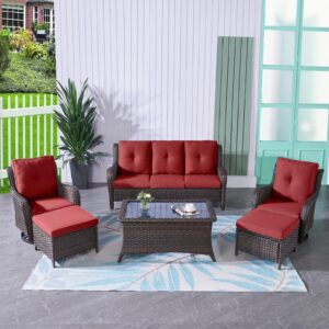 HUMMUH Patio Furniture 6 Pieces Outdoor Furniture Set PE Wicker Sofa with Swivel Rocking Chairs,Ottomans,Coffee Table