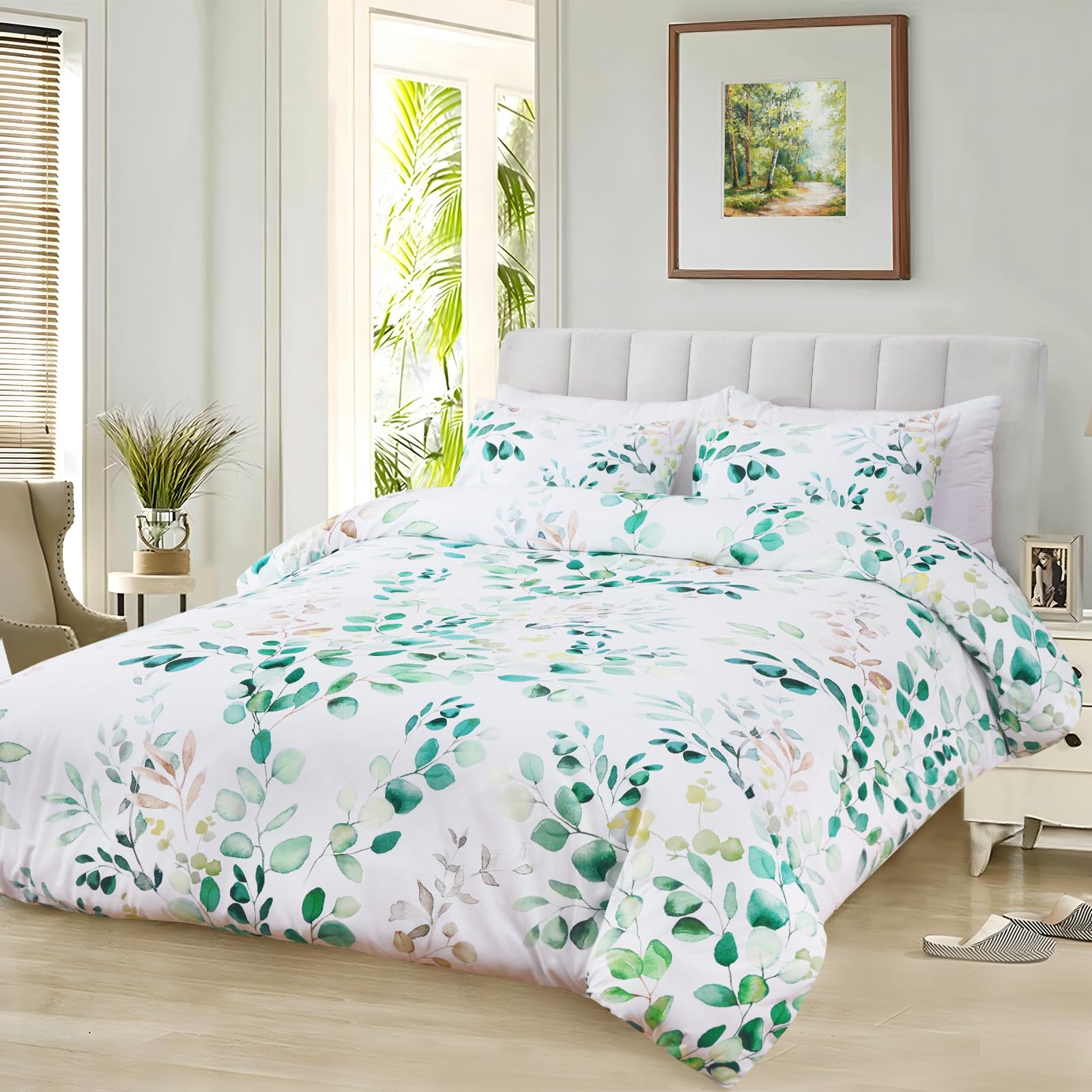 Likiyol Duvet Cover Queen Size- Green Eucalyptus Leaves Plant Bedding Sets with Zipper Closure & Corner Ties, Soft Breathable Microfiber Comforter Cover 3Pcs(1 Duvet Cover 90''x90''+2 Pillowcases)