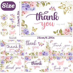 60 Pieces Butterfly Floral Baby Shower Thank You Cards,Purple Thank You Cards Includes 30 Pieces Envelopes and 30 Pieces Blank Butterfly Cards with Stickers for Wedding Baby Shower Graduation Bridal