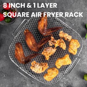 8 inch Square Air Fryer Rack with Food Tong & Oil Brush, Lancisism Stainless Steel Dehydrator Rack Square Air Fryer Accessories for Air Fryers-8.27×8.27×3.6inch