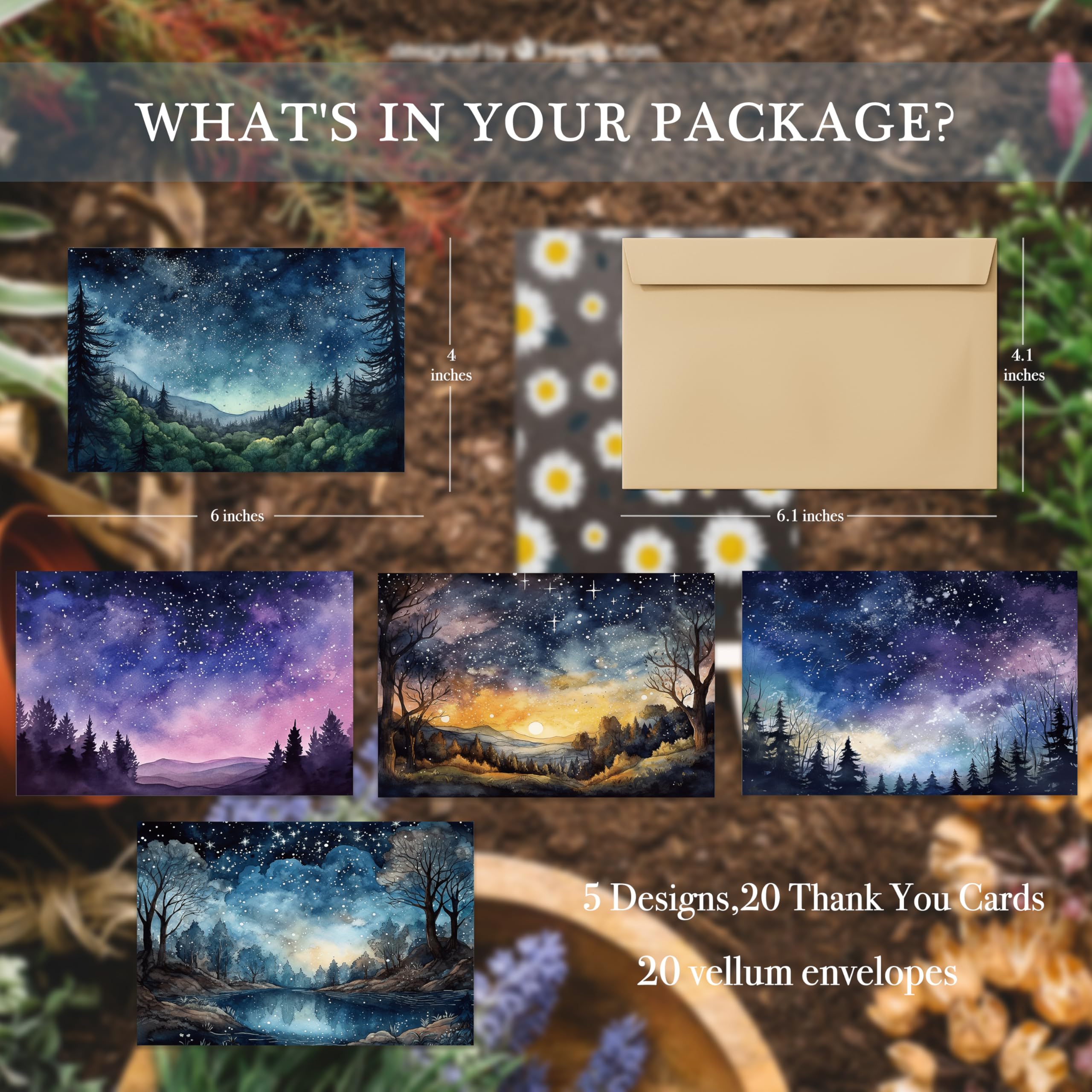 slapaflife Blank Cards with Envelopes All Occasion,Watercolor Starry Night Sky Design Blank Greeting Cards 4x6,20Pack -Blank Greeting Cards,Note Cards with Matching Peel-and-Seal Rustic Envelopes