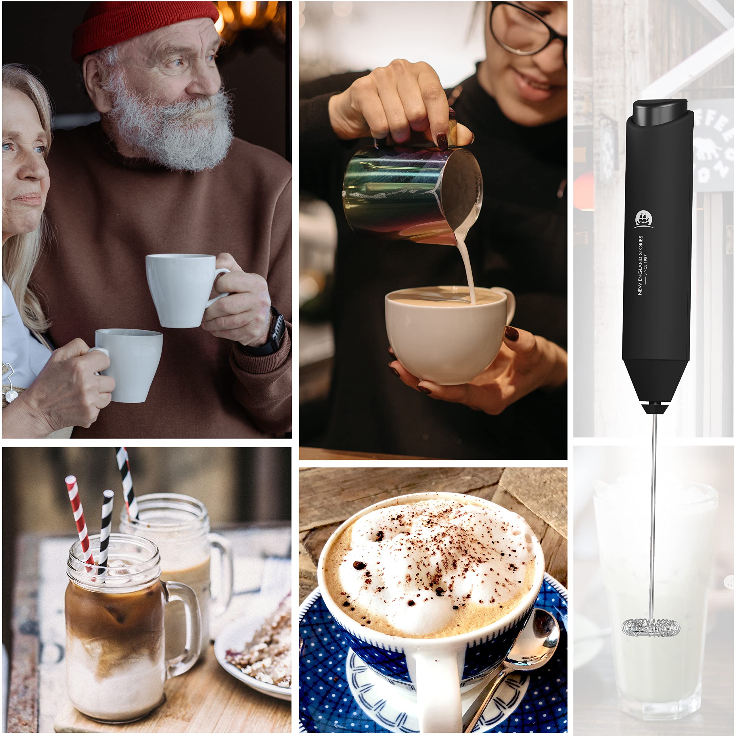 Powerful Milk Frother Handheld Foam Maker, Mini Whisk Drink Mixer for Coffee, Cappuccino, Latte, Matcha, Hot Chocolate, With Stand, Black