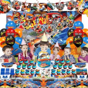 MAMESO 122Pcs Hot Car Birthday Party Supplies, Included Banner,Hanging Swirls,Tablecloth,Cake Topper,Cupcake Toppers,Temporary Tattoo, Foil Balloon,Tableware Set,Birthday Party Decoration