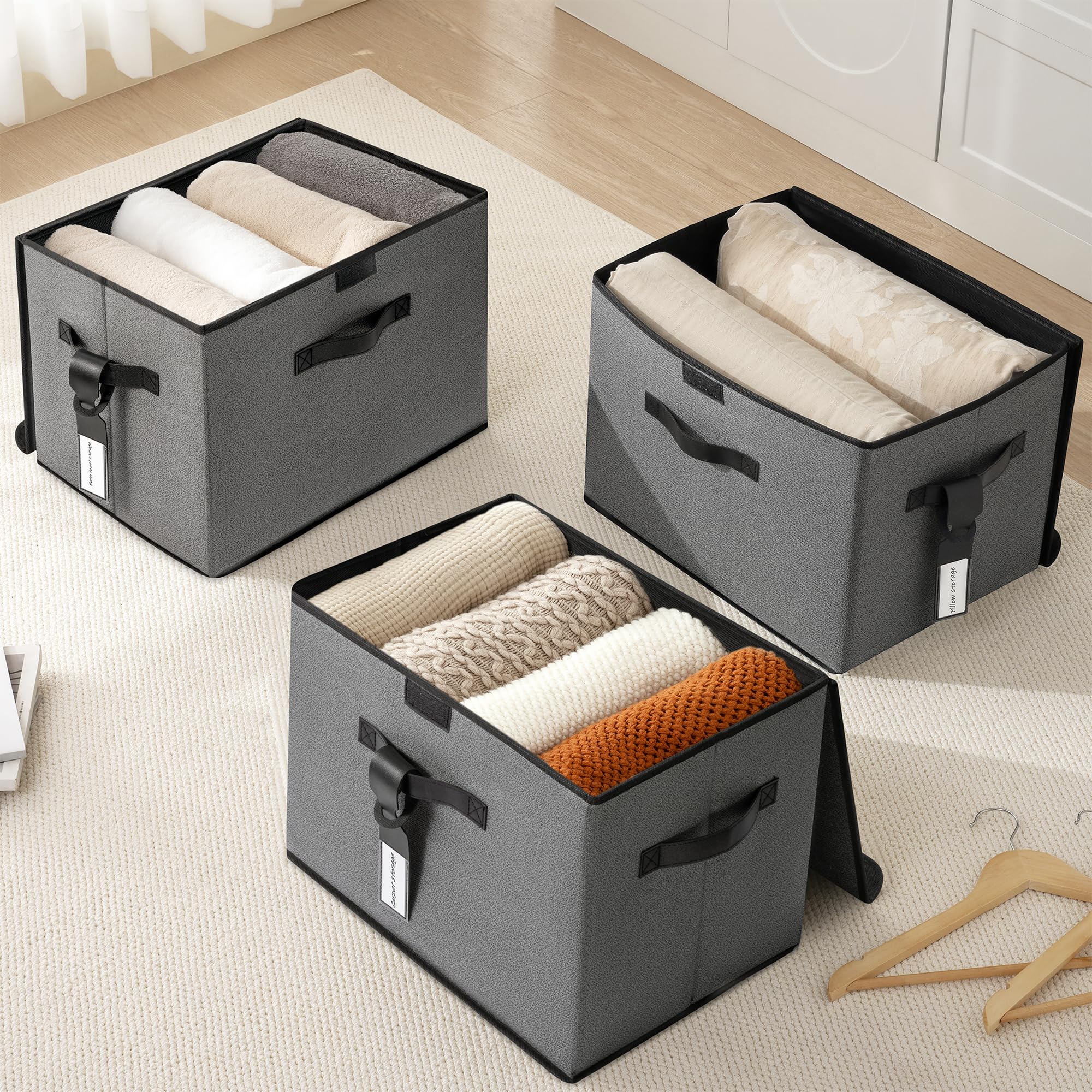 Extra Large 40L 3-Pack Collapsible Storage Bins with Lids, Stackable Storage Bins with Labels, Foldable Closet Linen Storage Box Organizer, Decorative Folding Storage Box Cube Containers, Dark Gray