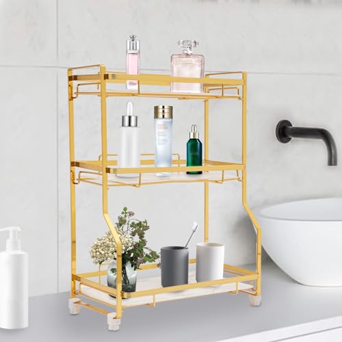 Bathroom Countertop Organizer, Gold Cosmetics Storage Display Rack Bathroom Counter Organizer for Skincare Makeup Perfume 3 Tier Vanity Tray Dresser Shelf White Marble Pattern Tray