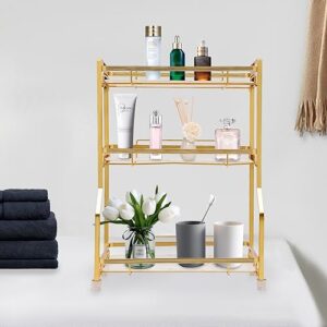 Bathroom Countertop Organizer, Gold Cosmetics Storage Display Rack Bathroom Counter Organizer for Skincare Makeup Perfume 3 Tier Vanity Tray Dresser Shelf White Marble Pattern Tray