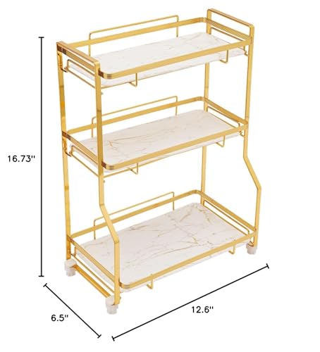 Bathroom Countertop Organizer, Gold Cosmetics Storage Display Rack Bathroom Counter Organizer for Skincare Makeup Perfume 3 Tier Vanity Tray Dresser Shelf White Marble Pattern Tray