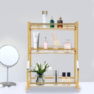 Bathroom Countertop Organizer, Gold Cosmetics Storage Display Rack Bathroom Counter Organizer for Skincare Makeup Perfume 3 Tier Vanity Tray Dresser Shelf White Marble Pattern Tray