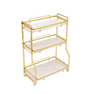 bathroom countertop organizer, gold cosmetics storage display rack bathroom counter organizer for skincare makeup perfume 3 tier vanity tray dresser shelf white marble pattern tray