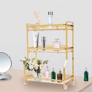 Bathroom Countertop Organizer, Gold Cosmetics Storage Display Rack Bathroom Counter Organizer for Skincare Makeup Perfume 3 Tier Vanity Tray Dresser Shelf White Marble Pattern Tray