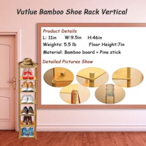 Vutlue Vertical Bamboo Shoe Rack, 7 Tier Narrow Free Standing Shoe Rack Organizer for Entryway, Skinny Standing Shoe Rack Shelf for Bedroom Closet Small Spaces